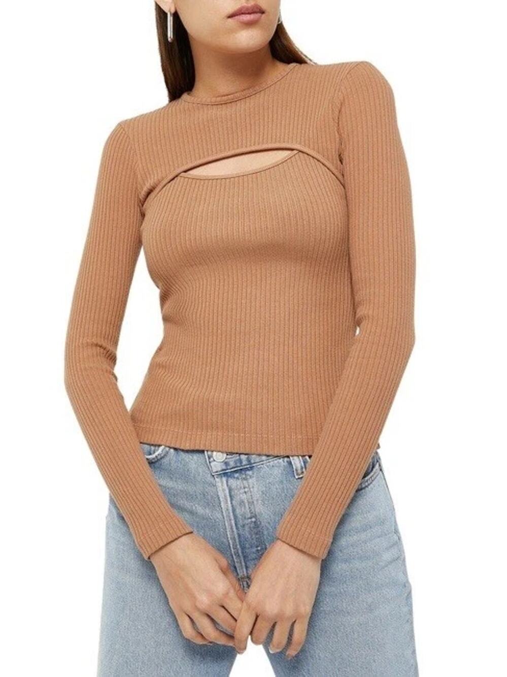 Agolde Lyza Organic Cotton Blend Long Sleeve Fitted Cut Out Ribbed Top Brown XS